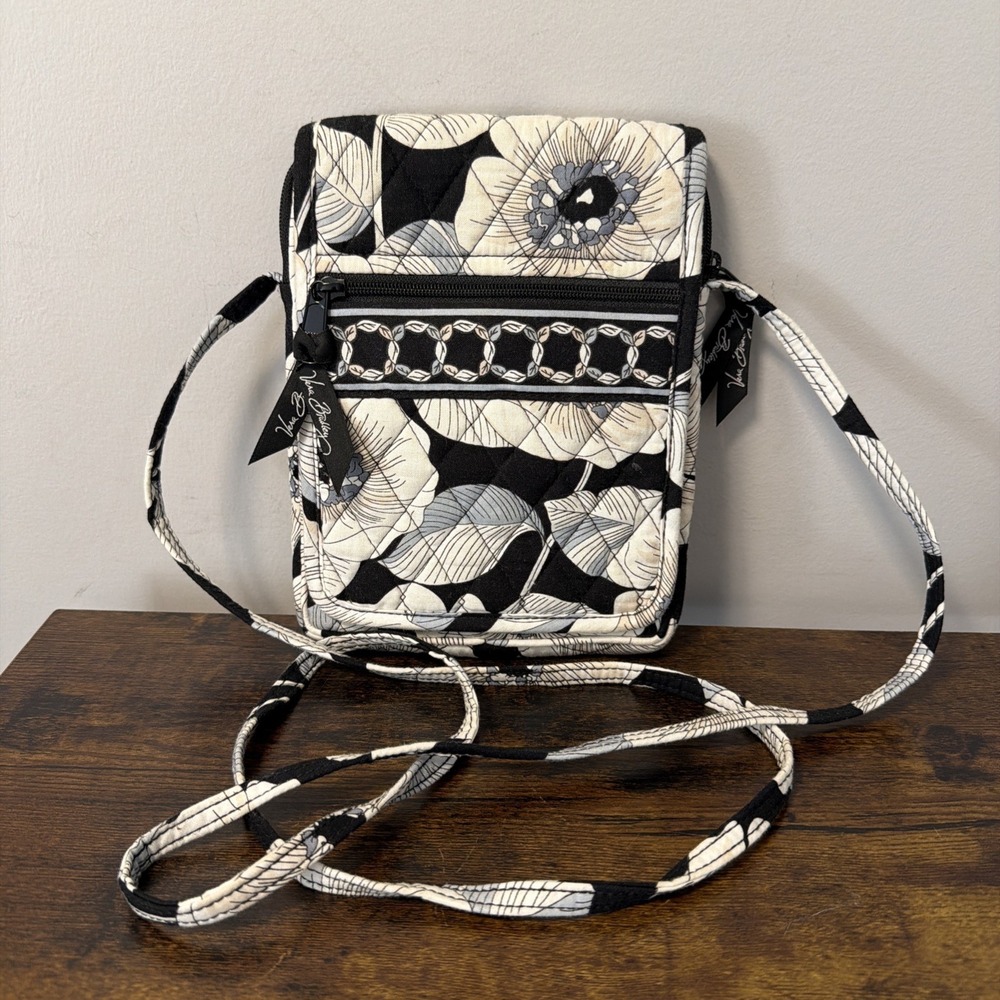 Vera Bradley Camellia Crossbody Bag Black Floral Quilted Cotton Mini Hipster‎